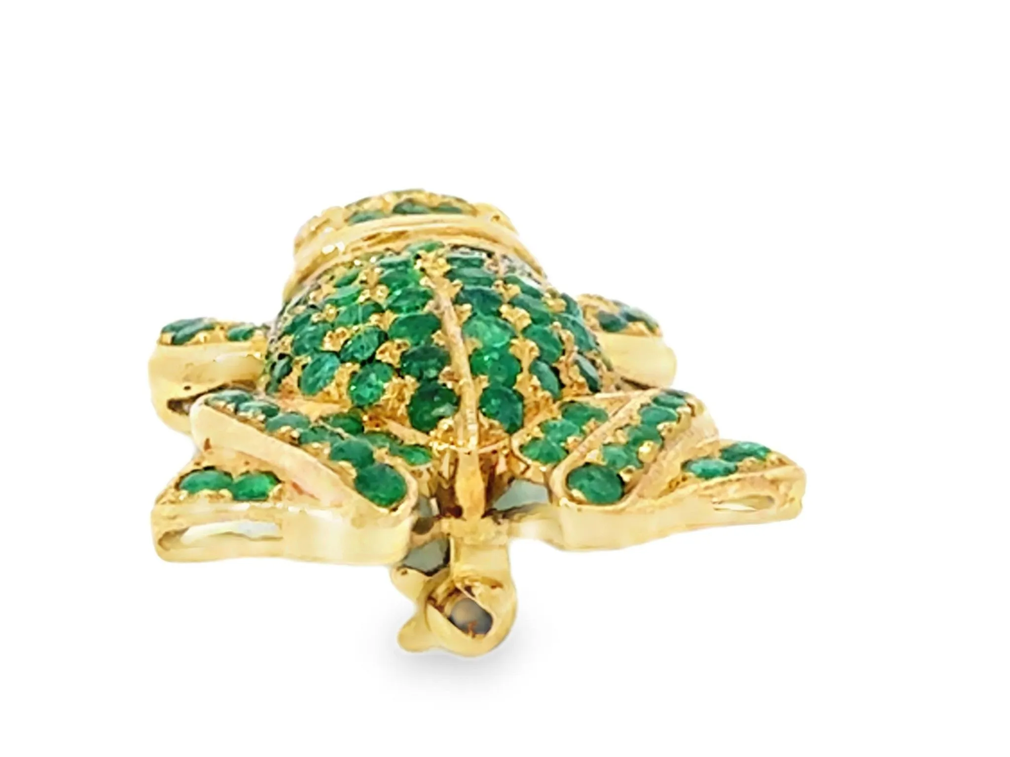 Green Emerald Frog with Diamond Eyes Brooch 18k Yellow Gold