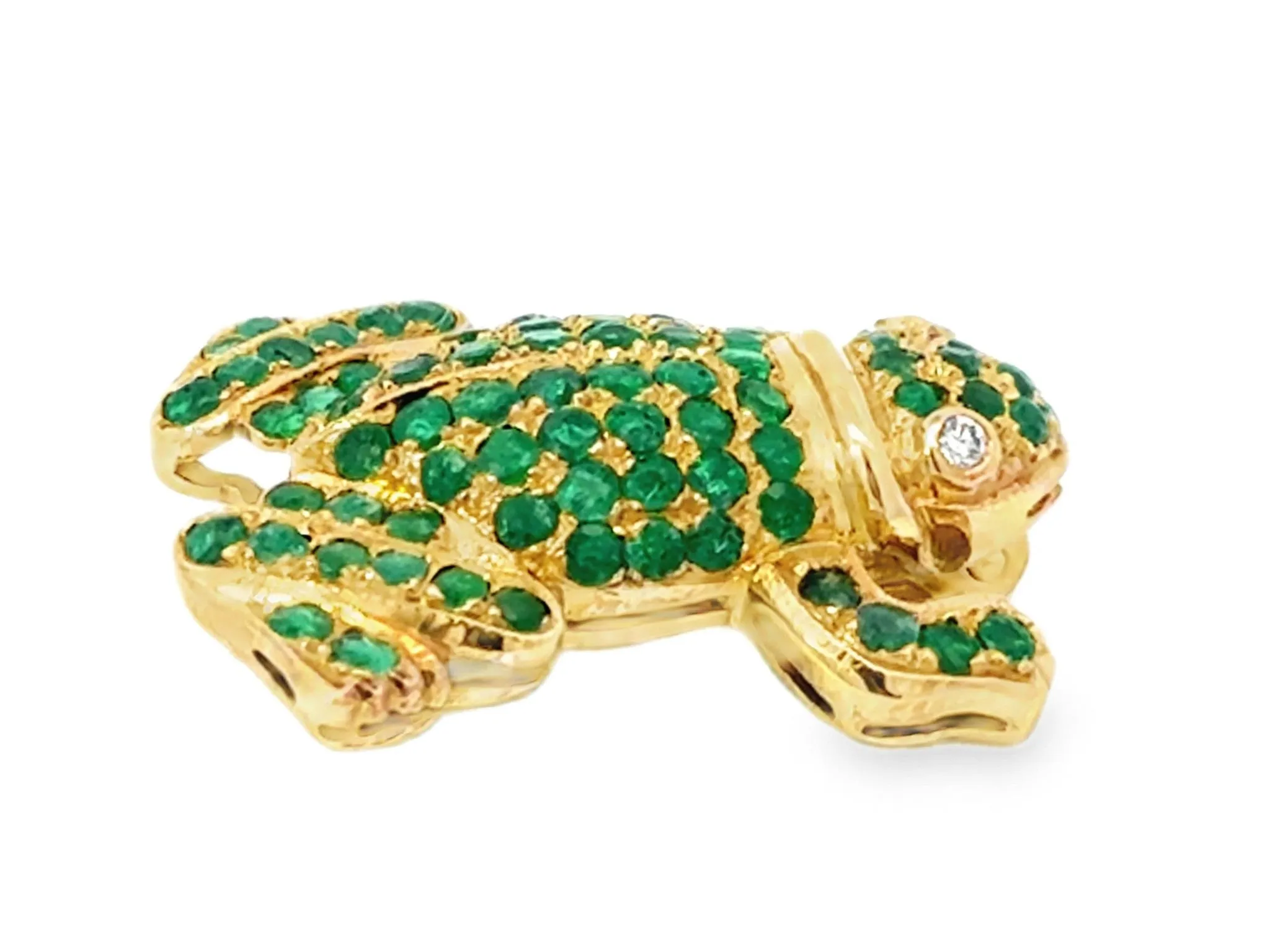 Green Emerald Frog with Diamond Eyes Brooch 18k Yellow Gold