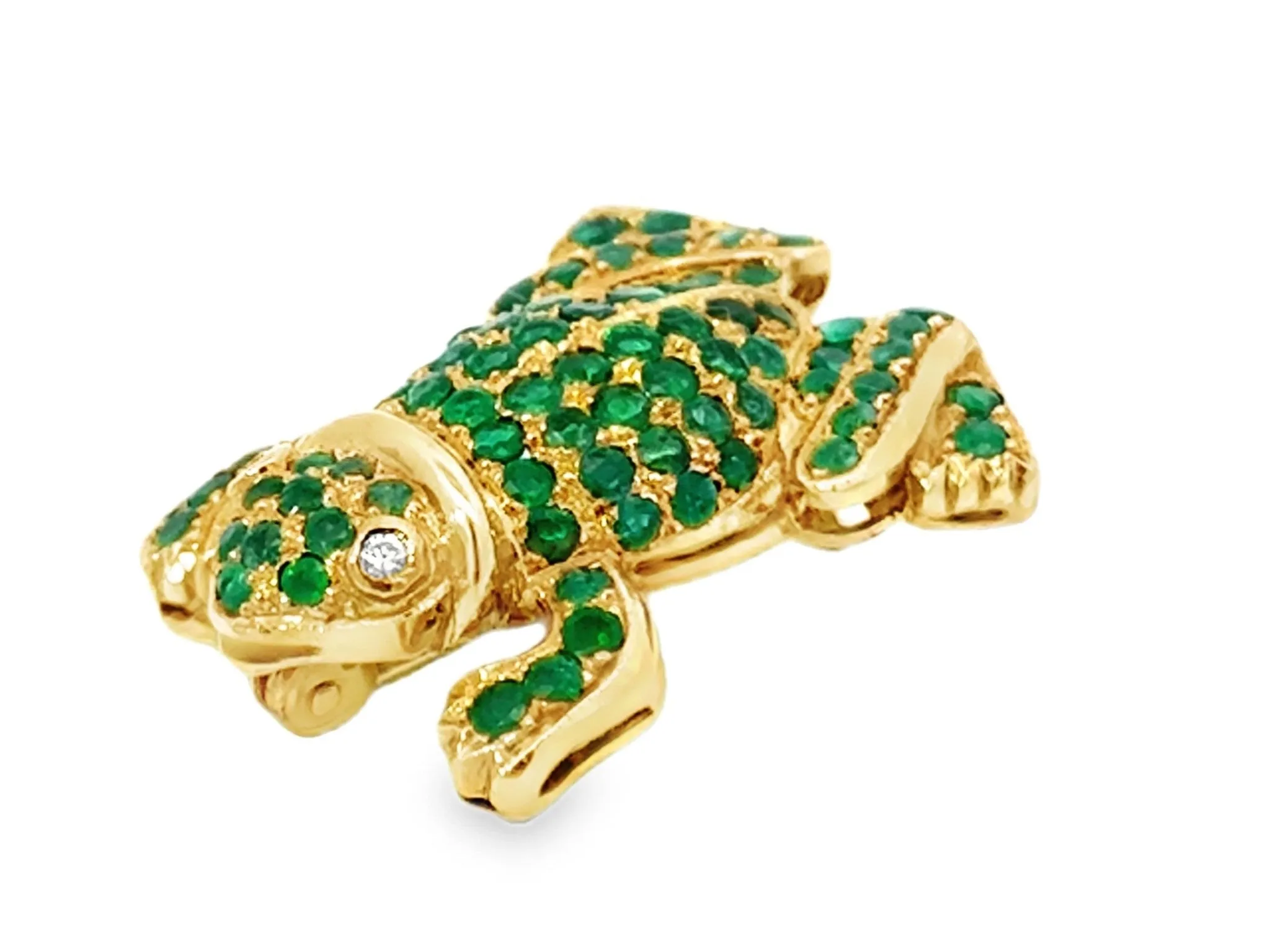 Green Emerald Frog with Diamond Eyes Brooch 18k Yellow Gold