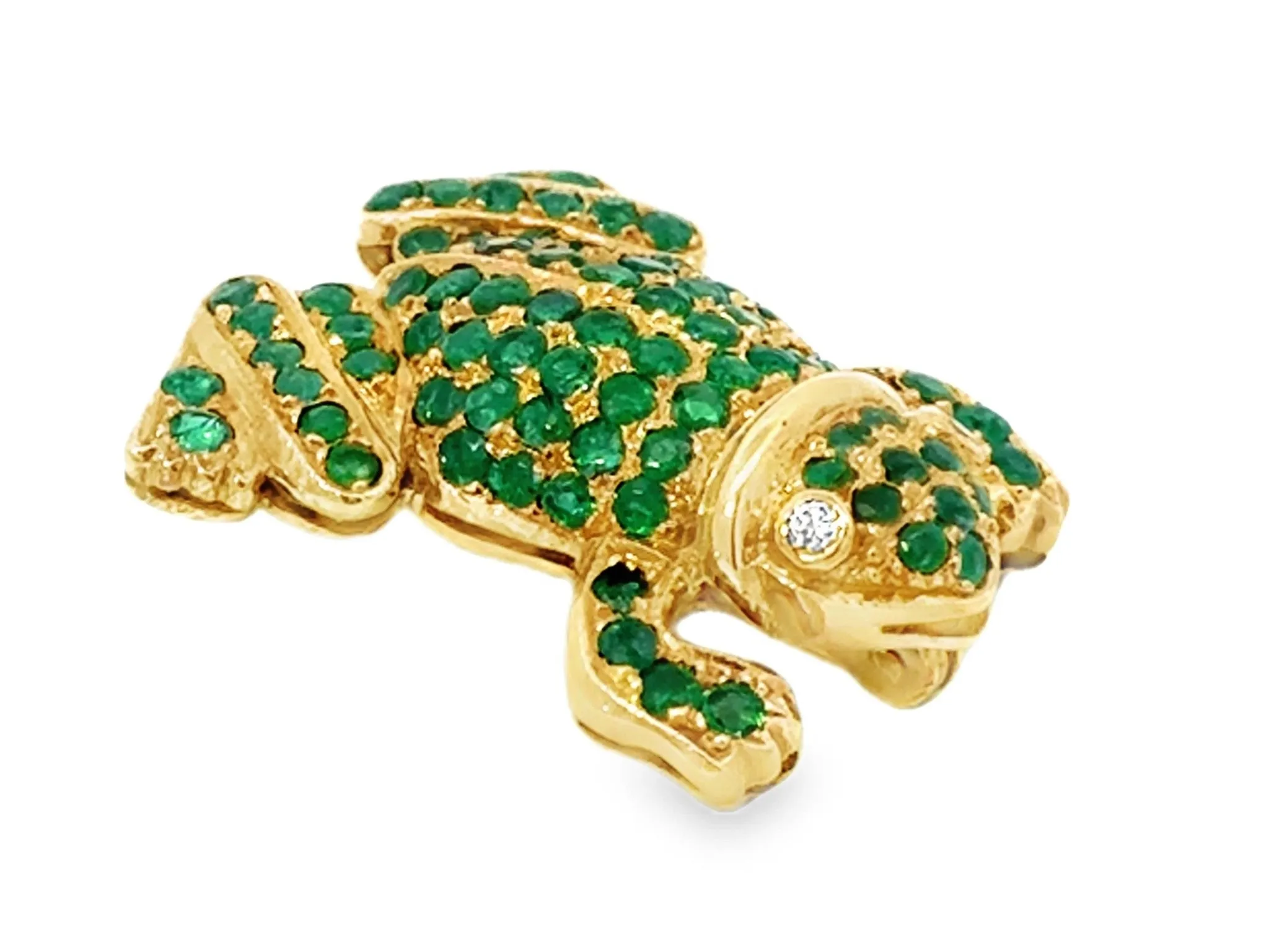 Green Emerald Frog with Diamond Eyes Brooch 18k Yellow Gold
