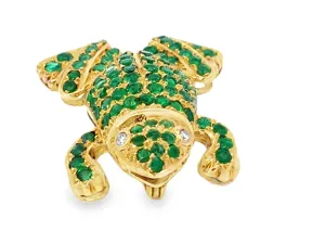 Green Emerald Frog with Diamond Eyes Brooch 18k Yellow Gold