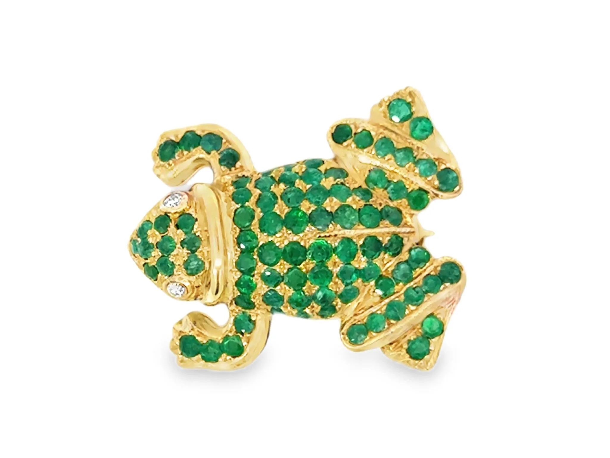 Green Emerald Frog with Diamond Eyes Brooch 18k Yellow Gold