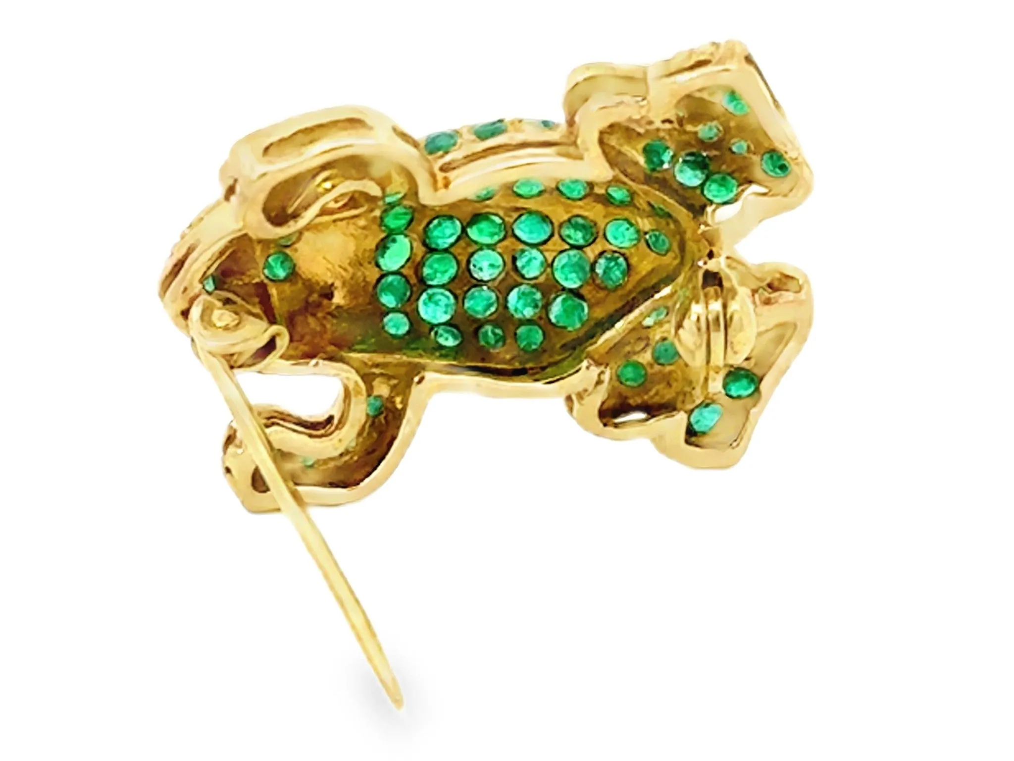 Green Emerald Frog with Diamond Eyes Brooch 18k Yellow Gold