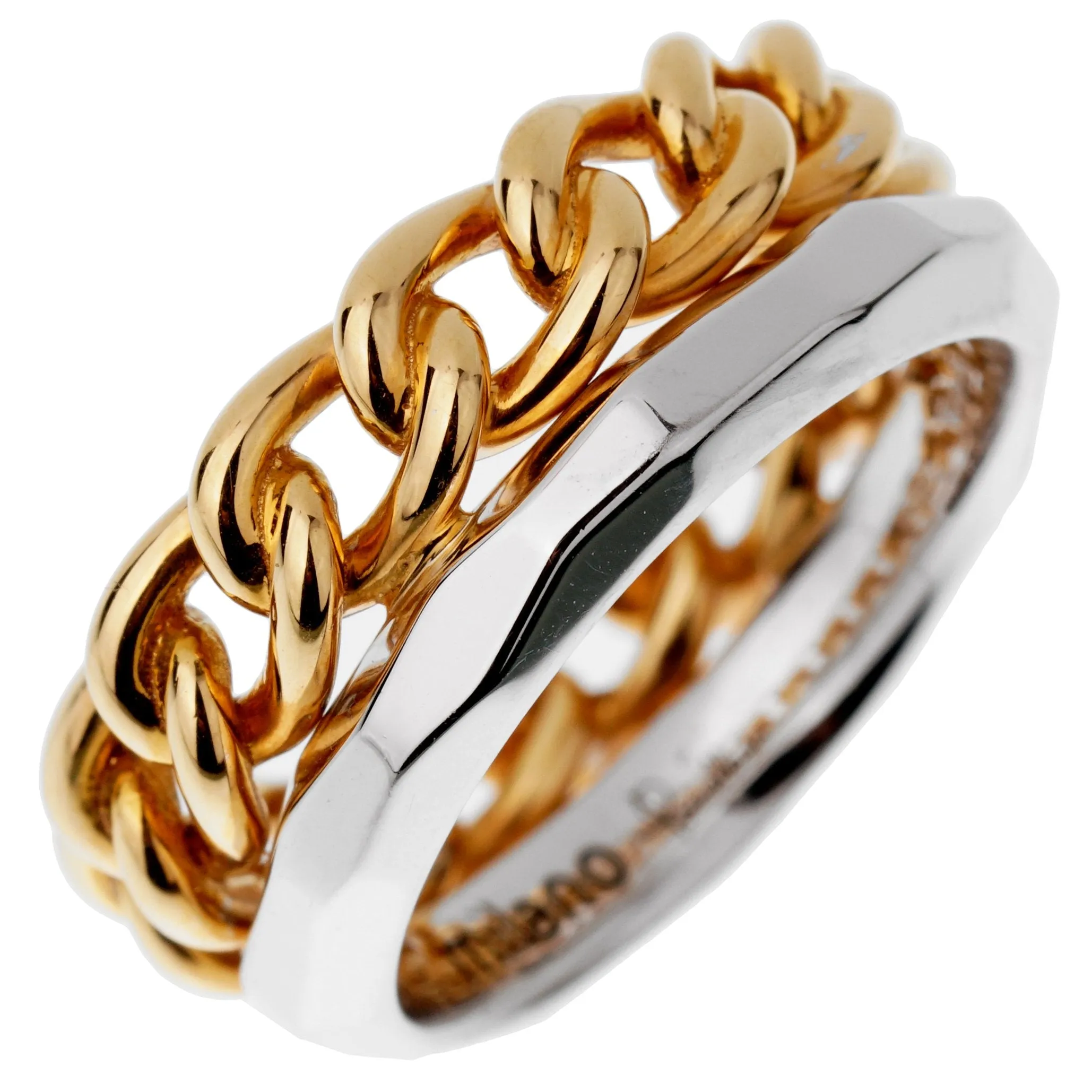 Pomellato Cuban Link 18k Rose White Gold Double Band Ring Size 6 1/2