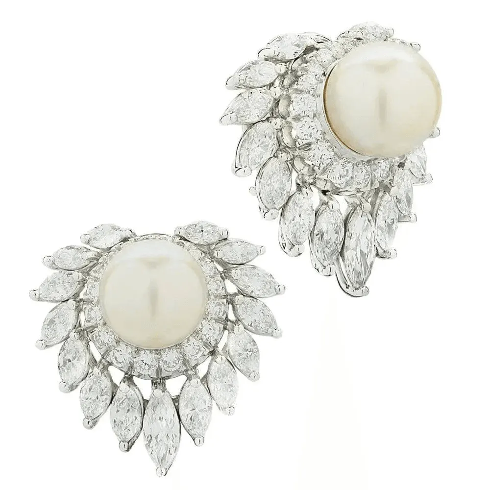 Post-1980s Platinum Cultured Pearl & Diamond Earrings
