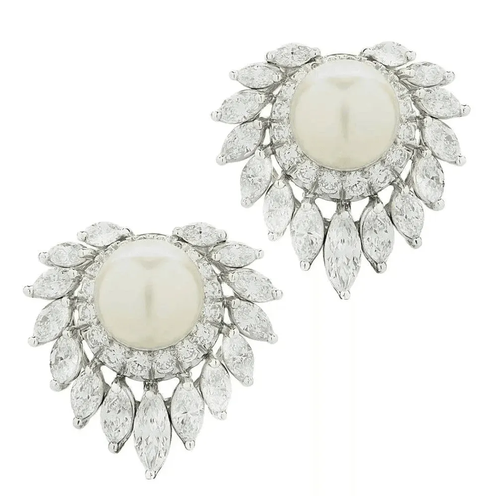 Post-1980s Platinum Cultured Pearl & Diamond Earrings