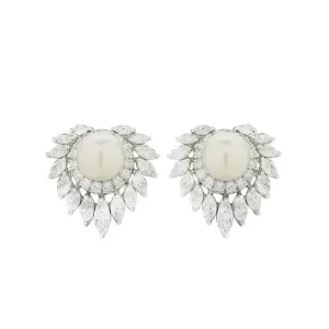 Post-1980s Platinum Cultured Pearl & Diamond Earrings