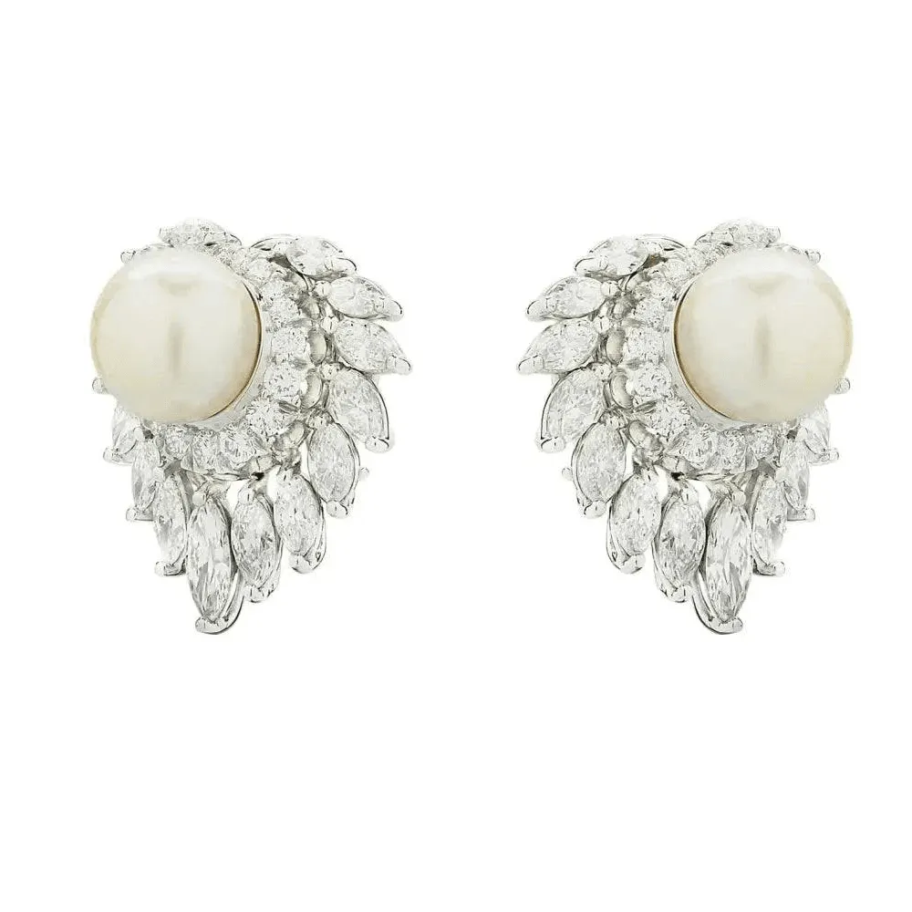 Post-1980s Platinum Cultured Pearl & Diamond Earrings