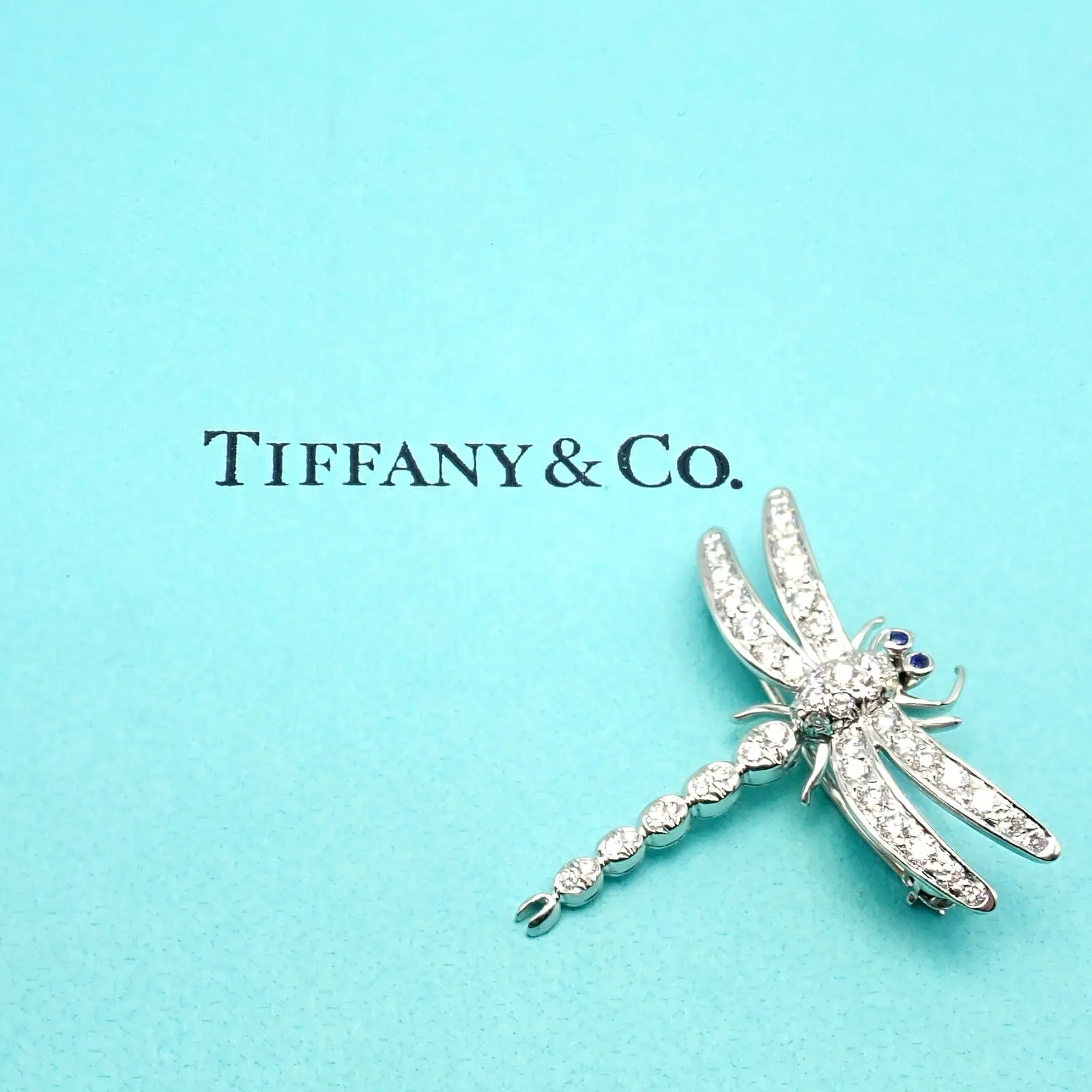 Rare! Authentic Tiffany & Co. Platinum Dragonfly Diamond Sapphire Pin Brooch