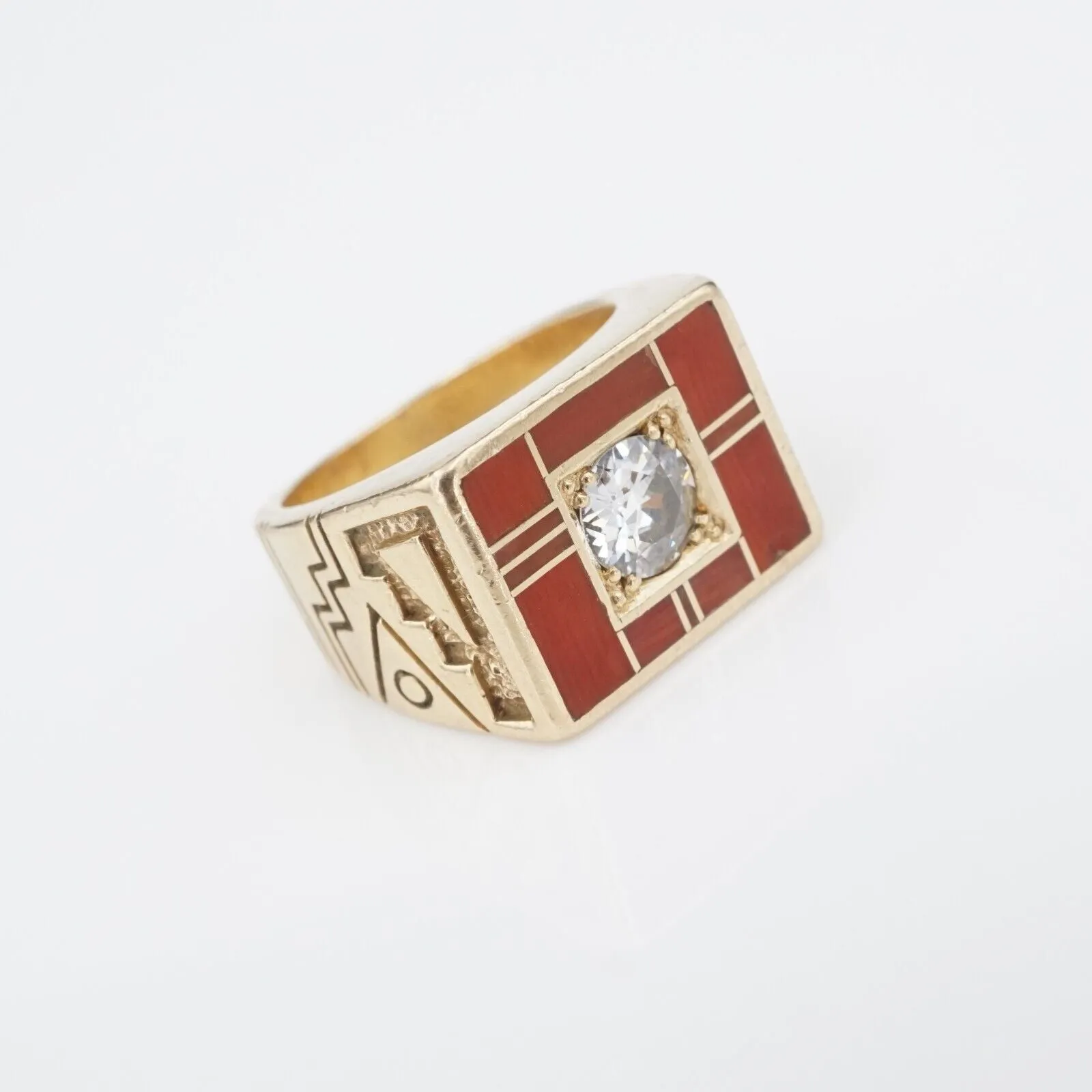 Ray Tracey 14k Ring Diamond Red Coral Inlay Navajo Gold Size 5.75 RG4310