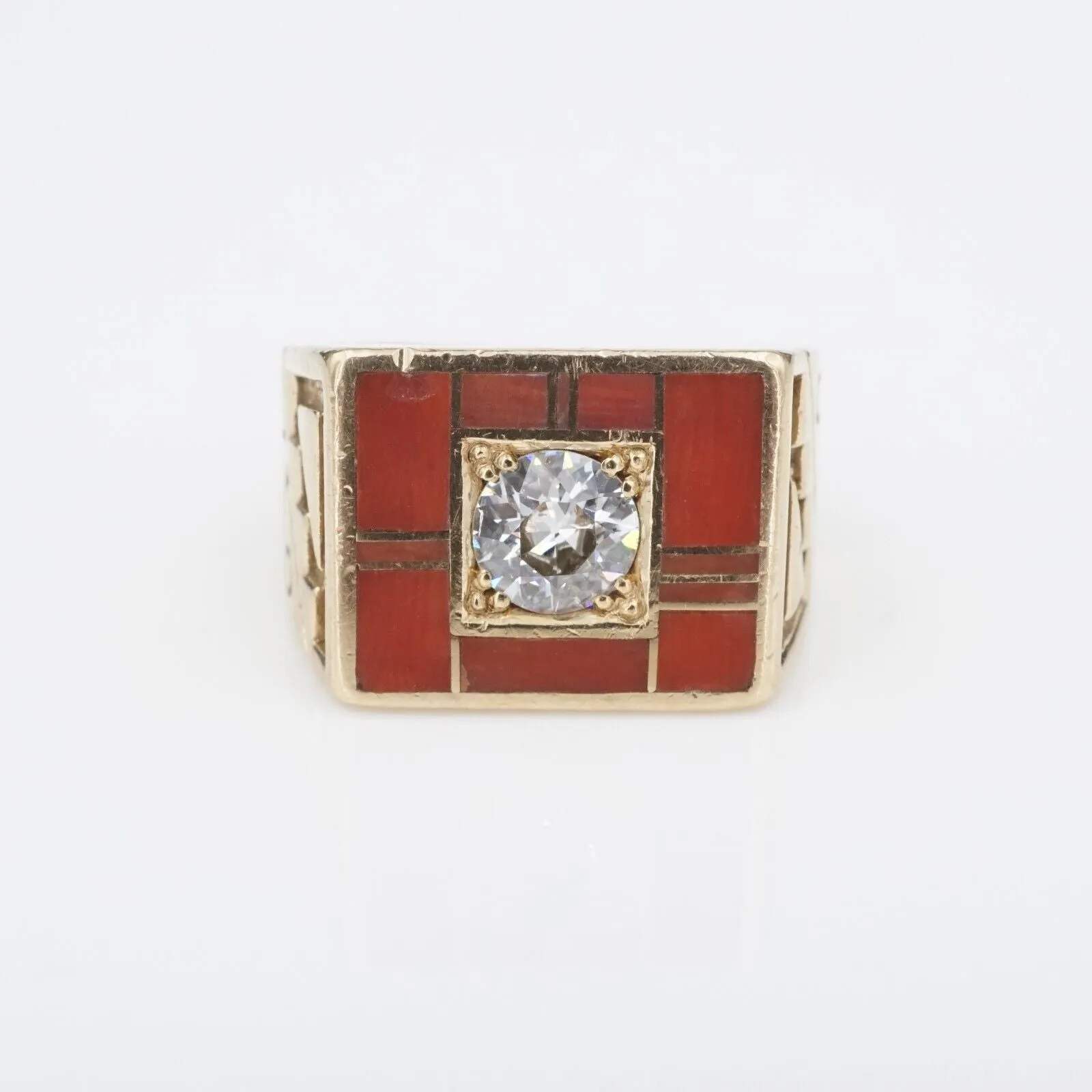 Ray Tracey 14k Ring Diamond Red Coral Inlay Navajo Gold Size 5.75 RG4310