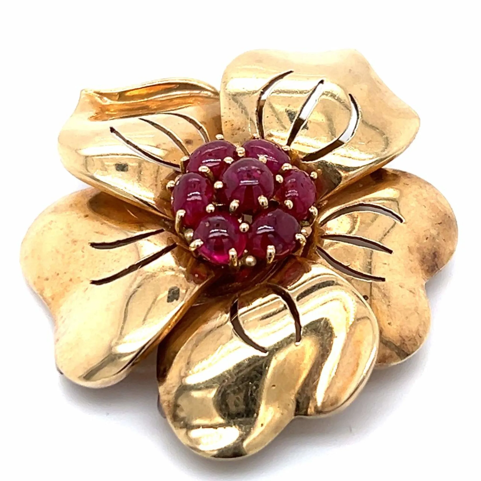 Trabert & Hoeffer Mauboussin Retro 14KT Yellow Gold Ruby Flower Brooch