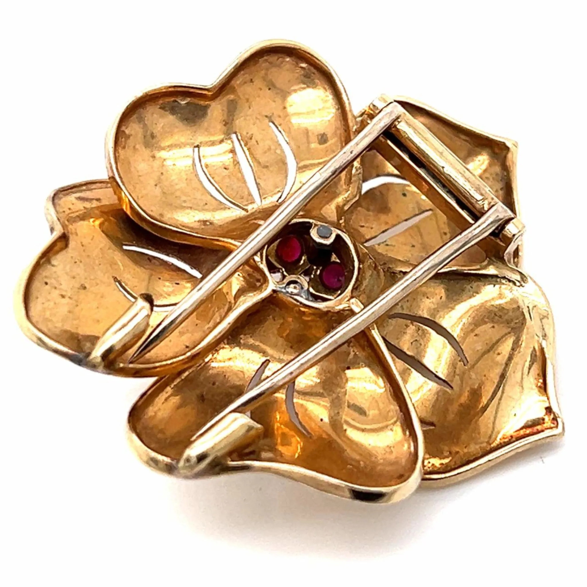 Trabert & Hoeffer Mauboussin Retro 14KT Yellow Gold Ruby Flower Brooch