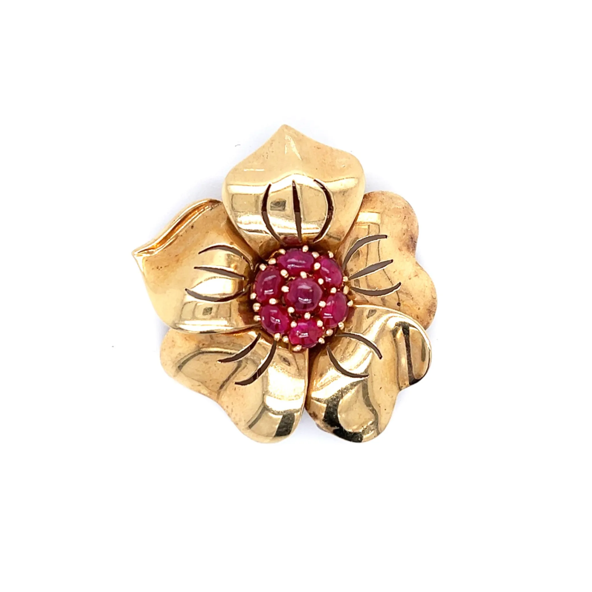 Trabert & Hoeffer Mauboussin Retro 14KT Yellow Gold Ruby Flower Brooch