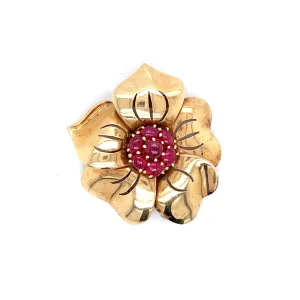 Trabert & Hoeffer Mauboussin Retro 14KT Yellow Gold Ruby Flower Brooch