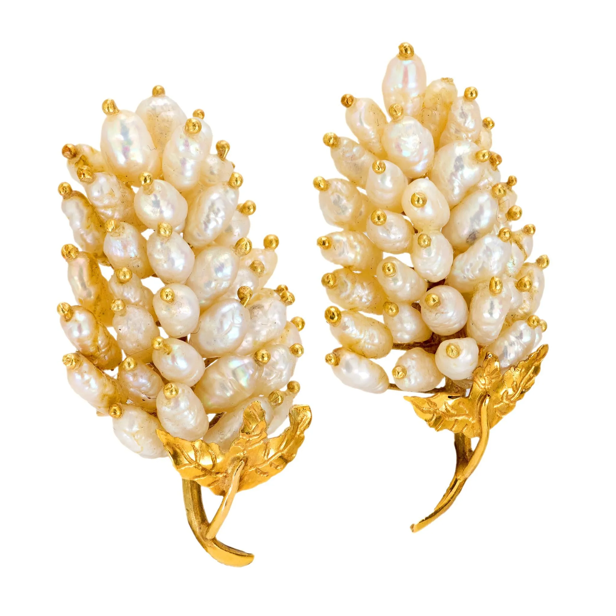 Vintage pearl 18k yellow gold grape leaf earrings