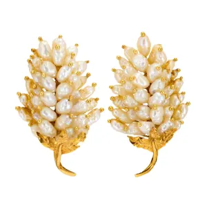 Vintage pearl 18k yellow gold grape leaf earrings
